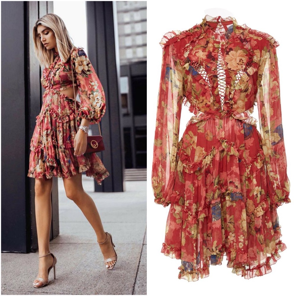 NWT Zimmermann Blogger Fave Melody Lace Up Dress 100 Silk Cutout Ruffle Size 10
